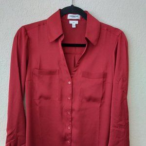 Express red satin button-down with roll tab sleeves